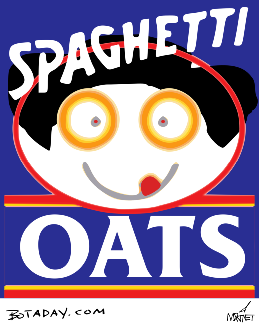 Vector graphic image by Mike Martinet of the Spaghettios face wearing the Quaker Oats hat with the words "Spaghetti" and "Oats"