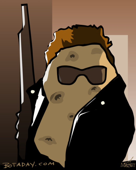 Vector graphic image by Mike Martinet of a potato dressed as T-1000 terminator holding a shotgun and wearing a leather jacket