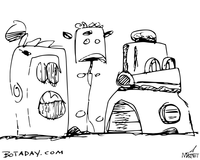  Scan of pen and ink drawing by Mike Martinet of several robot-like characters