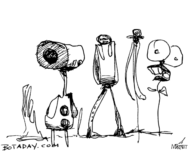  Scan of pen and ink drawing by Mike Martinet of several robot-like characters