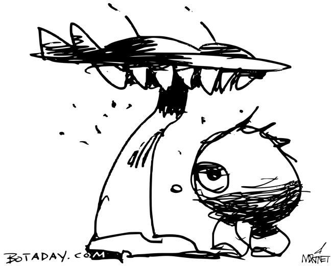  Scan of pen and ink drawing by Mike Martinet of a couple of robot-like characters