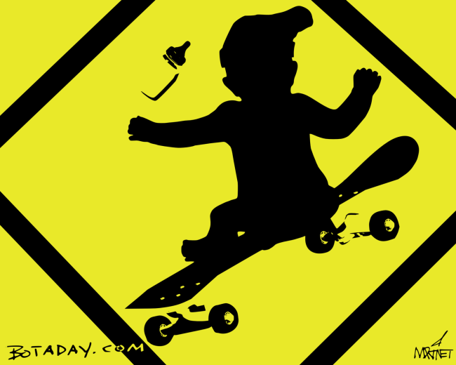 Vector graphic image by Mike Martinet of a baby sitting on a moving skateboard on a traffic sign