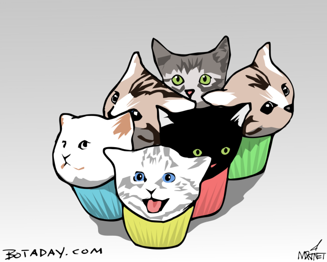 Vector graphic image by Mike Martinet of a six kitten heads in cupcake wrappers