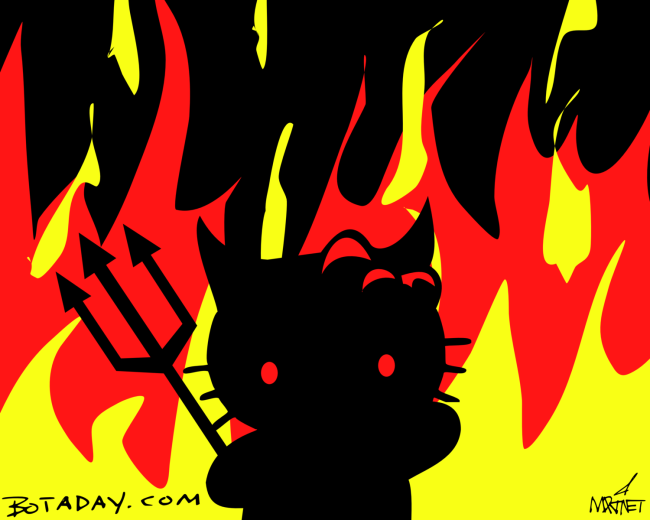 Vector graphic image by Mike Martinet of a black silhouette of Hello Kitty with a pitchfork in flames