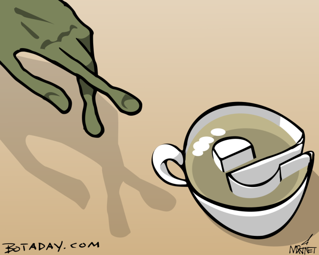 Vector graphic image by Mike Martinet of a hand like ET's pointing to an E-shaped teacup