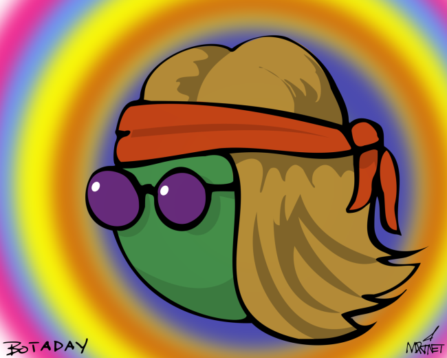 Vector graphic image by Mike Martinet of a pea with long hair and a headband surrounded by a psychedelic halo