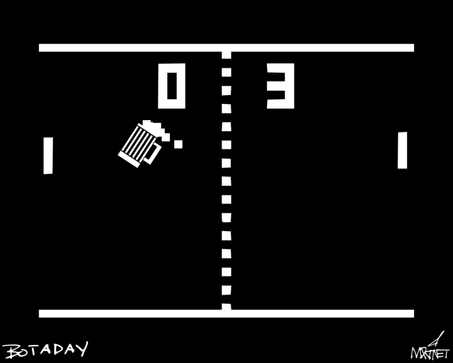Vector graphic image by Mike Martinet of a Pong screen with a beer stein as the ball.