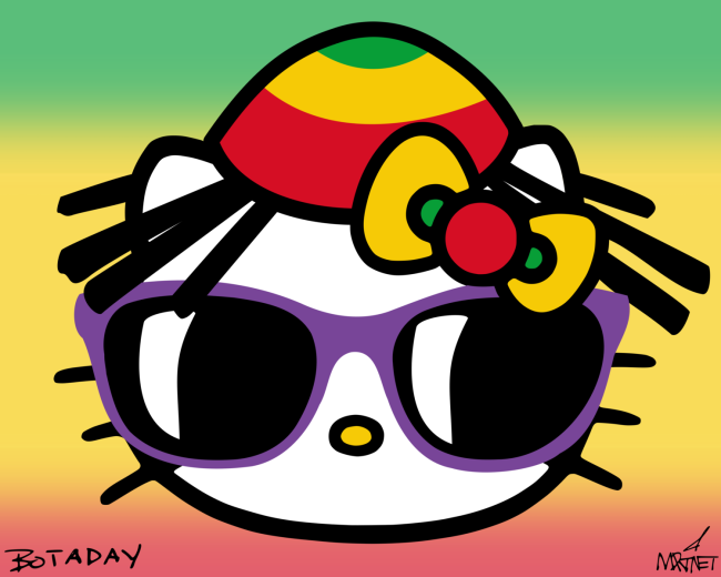 Vector graphic image by Mike Martinet of  a Hello Kitty head with a knitted rasta hat in Jamaican flag colors