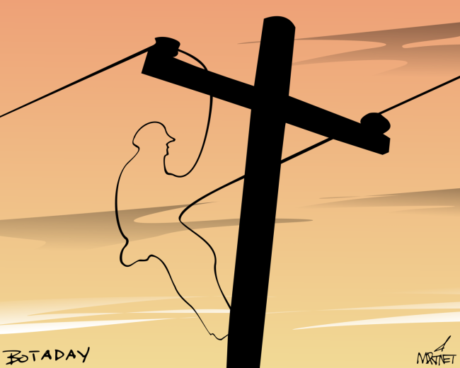 Vector graphic image by Mike Martinet of a man made out of telephone wires hanging on a telephone pole