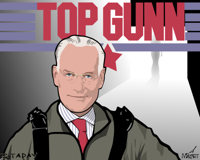 Vector graphic image by Mike Martinet of a Tim Gunn as Maverick in front of a jet under the words "Top Gunn"