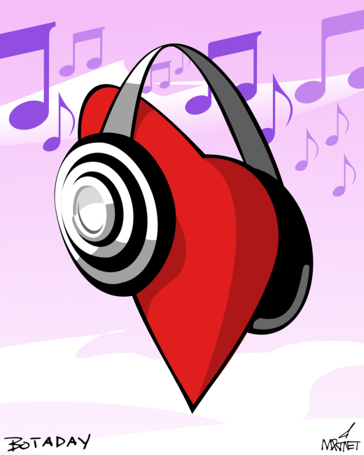 Vector graphic image by Mike Martinet of a heart wearing headphones surrounded by musical notes