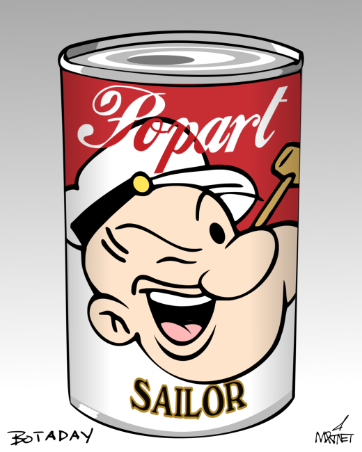 Vector graphic image by Mike Martinet of a Campbell's soup can with Popeye's face behind the words "Popart" and "Sailor"