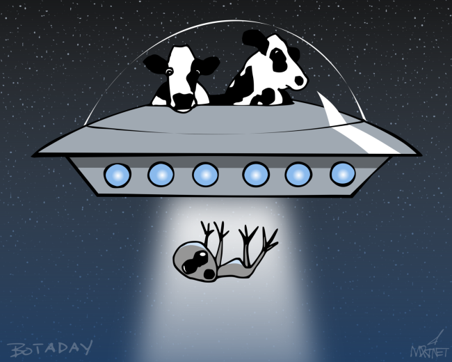 Vector graphic image by Mike Martinet of a two cows in a spaceship levitating an alien