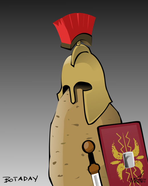 Vector graphic image by Mike Martinet of a potato wearing a Roman gladiator helmet and carrying a sword and shield.