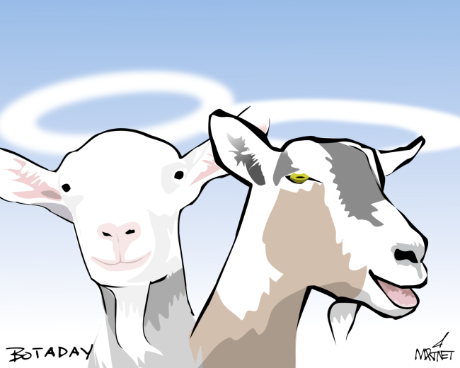 Vector graphic image by Mike Martinet of a two goat heads with halos