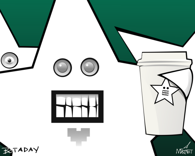 Vector graphic image by Mike Martinet of a star-shape robots holding a cup of cofee