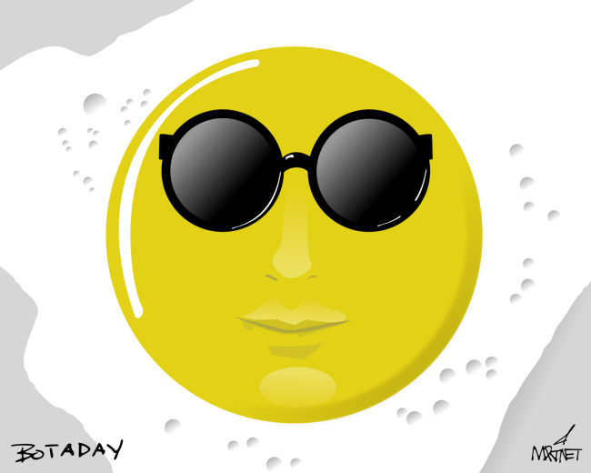 Vector graphic image by Mike Martinet of an over-easy egg with a caricature of Yoko Ono wearing sunglasses
