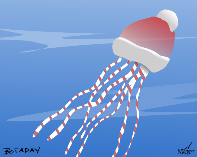 Vector graphic image by Mike Martinet of a jellyfish with a Santa cap and candy-cane tentacles
