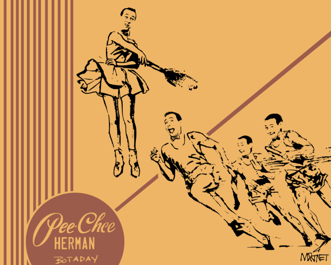 Vector graphic image by Mike Martinet of an old-fashioned Pee Chee folder where all the characters have PeeWee Herman faces