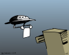 Vector graphic image by Mike Martinet of a flying saucer putting a piece of paper in a filing cabinet