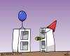 Vector graphic image by Mike Martinet of a pair of concrete blocks with a party hat, balloon and noisemaker