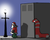 Vector graphic image by Mike Martinet of Santa standing on a corner under a streetlight being secretly watched by a stocking peeking around a building