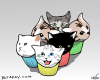 Vector graphic image by Mike Martinet of a six kitten heads in cupcake wrappers