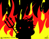 Vector graphic image by Mike Martinet of a black silhouette of Hello Kitty with a pitchfork in flames