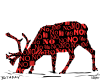 Vector graphic image by Mike Martinet of a black reindeer covered with the word "No" written in red in numerous fonts
