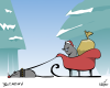 Vector graphic image by Mike Martinet of a cat wearing a Santa hat, licking its paw in a sleigh pulled by a toy mouse.