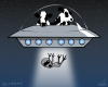 Vector graphic image by Mike Martinet of a two cows in a spaceship levitating an alien